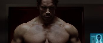Movie still from “Terminator Salvation” (2009), directed by McG – A person with no shirt; Close Up shot, Low angle