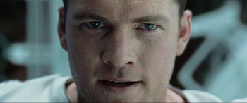 Movie still from “Terminator Salvation” (2009), directed by McG – A man's face with blue eyes; Extreme Close Up shot, Low angle