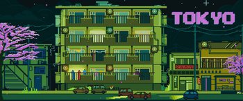 Movie still from “Tetris” (2023), directed by Jon S. Baird – An image of a building that has many windows; Extreme Wide shot, Low angle