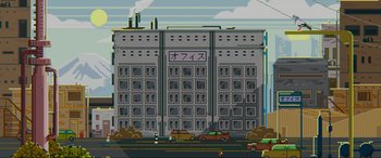 Movie still from “Tetris” (2023), directed by Jon S. Baird – An illustration of cars driving down a street; Extreme Wide shot, Low angle