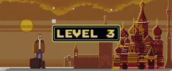 Movie still from “Tetris” (2023), directed by Jon S. Baird – A video game screen showing a level 3 sign; Wide shot, Over the shoulder angle