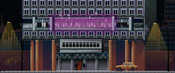 Movie still from “Tetris” (2023), directed by Jon S. Baird – An image of an old video game scene; Extreme Wide shot, High angle