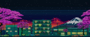 Movie still from “Tetris” (2023), directed by Jon S. Baird – An illustration of a city at night with the sky lit up; Extreme Wide shot, Low angle