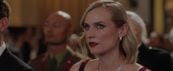 Movie still from “The 355” (2022), directed by Simon Kinberg – A person wearing a dress; Close Up shot, Over the shoulder angle
