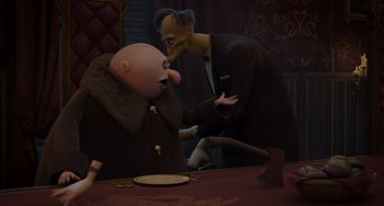 Movie still from “The Addams Family 2” (2021), directed by Greg Tiernan – An animated scene of a man and a bald man; Medium shot, Over the shoulder angle