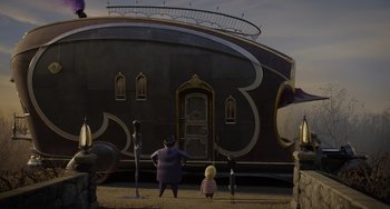 Movie still from “The Addams Family 2” (2021), directed by Greg Tiernan – A group of people standing in front of a boat; Wide shot, Low angle