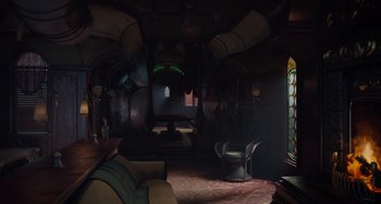 Movie still from “The Addams Family 2” (2021), directed by Greg Tiernan – A living room filled with furniture next to a window; Extreme Wide shot, High angle