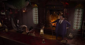Movie still from “The Addams Family 2” (2021), directed by Greg Tiernan – An animated scene of a man and woman in a restaurant; Wide shot, High angle
