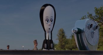 Movie still from “The Addams Family 2” (2021), directed by Greg Tiernan – A cartoon of a woman with a surprised look on her face; Medium shot, High angle
