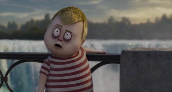 Movie still from “The Addams Family 2” (2021), directed by Greg Tiernan – A cartoon of a boy with blonde hair and a striped shirt; Medium shot, Low angle