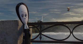 Movie still from “The Addams Family 2” (2021), directed by Greg Tiernan – A cartoon character is standing next to a railing; Medium shot, Over the shoulder angle