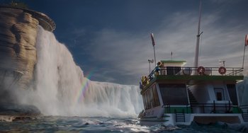 Movie still from “The Addams Family 2” (2021), directed by Greg Tiernan – A boat with people on it in front of a waterfall; Extreme Wide shot, Low angle