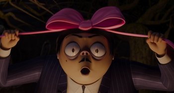 Movie still from “The Addams Family 2” (2021), directed by Greg Tiernan – The head of a cartoon character; Close Up shot, High angle