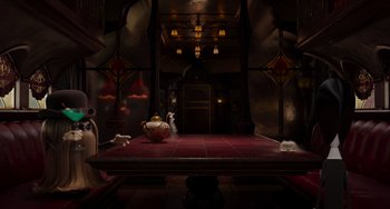 Movie still from “The Addams Family 2” (2021), directed by Greg Tiernan – An image of a room with a cat on the table; Extreme Wide shot, High angle