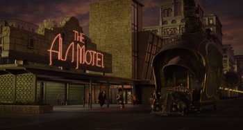 Movie still from “The Addams Family 2” (2021), directed by Greg Tiernan – An animated picture of a hotel with people walking around; Extreme Wide shot, Low angle