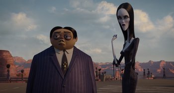 Movie still from “The Addams Family 2” (2021), directed by Greg Tiernan – A man and a woman dressed in suits and wigs; Medium shot, Low angle