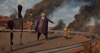 Movie still from “The Addams Family 2” (2021), directed by Greg Tiernan – An animated scene of a man and a boy; Extreme Wide shot, Low angle