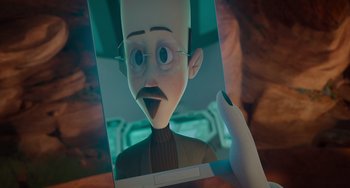 Movie still from “The Addams Family 2” (2021), directed by Greg Tiernan – An animated character looking at himself in a mirror; Close Up shot, Over the shoulder angle