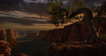 Movie still from “The Addams Family 2” (2021), directed by Greg Tiernan – An image of a tree on a cliff at sunset; Extreme Wide shot, High angle