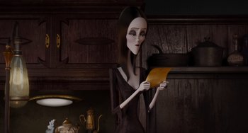 Movie still from “The Addams Family 2” (2021), directed by Greg Tiernan – An animated woman is holding a piece of paper; Medium shot, Over the shoulder angle