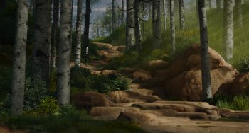 Movie still from “The Addams Family 2” (2021), directed by Greg Tiernan – A painting of a person walking up a hill in the woods; Extreme Wide shot, High angle