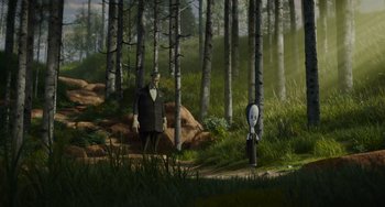 Movie still from “The Addams Family 2” (2021), directed by Greg Tiernan – A man in a suit standing next to another man in a suit; Extreme Wide shot, Over the shoulder angle