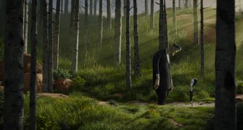 Movie still from “The Addams Family 2” (2021), directed by Greg Tiernan – A painting of a man walking through the woods; Extreme Wide shot, Low angle