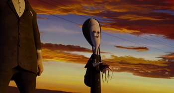 Movie still from “The Addams Family 2” (2021), directed by Greg Tiernan – An inflatable balloon of a person with a face on it; Medium shot, Low angle