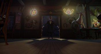 Movie still from “The Addams Family 2” (2021), directed by Greg Tiernan – A man in a suit standing in front of an open door; Wide shot, Low angle