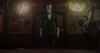 Movie still from “The Addams Family 2” (2021), directed by Greg Tiernan – An animated man wearing a suit and bow tie standing in front of a building; Wide shot, Low angle