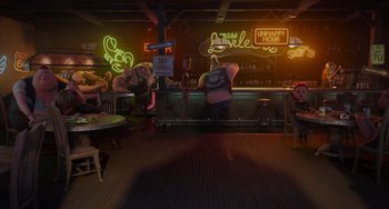 Movie still from “The Addams Family 2” (2021), directed by Greg Tiernan – A group of people sitting at a bar in a restaurant; Extreme Wide shot, High angle