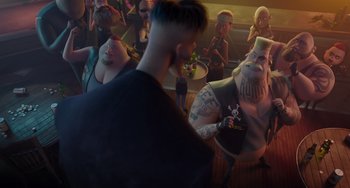 Movie still from “The Addams Family 2” (2021), directed by Greg Tiernan – A group of people standing in front of a wall; Medium shot, Over the shoulder angle