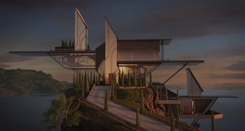 Movie still from “The Addams Family 2” (2021), directed by Greg Tiernan – An artistic rendering of a house on a hill; Extreme Wide shot, Low angle