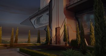 Movie still from “The Addams Family 2” (2021), directed by Greg Tiernan – An artistic rendering of a building with trees in front of it; Extreme Wide shot, Low angle