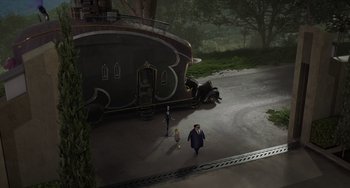 Movie still from “The Addams Family 2” (2021), directed by Greg Tiernan – A man walking down a street with a dog; Extreme Wide shot, High angle