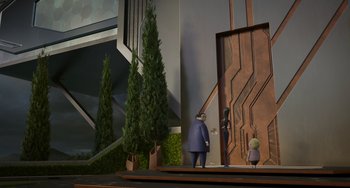 Movie still from “The Addams Family 2” (2021), directed by Greg Tiernan – A couple of people standing in front of a door; Wide shot, High angle