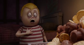 Movie still from “The Addams Family 2” (2021), directed by Greg Tiernan – A cartoon of a boy with a surprised look on his face; Medium shot, High angle