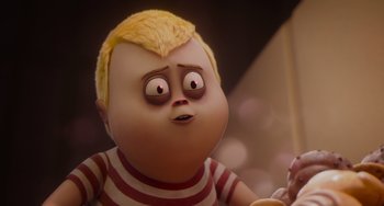 Movie still from “The Addams Family 2” (2021), directed by Greg Tiernan – The head of a cartoon character; Close Up shot, Low angle