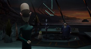 Movie still from “The Addams Family 2” (2021), directed by Greg Tiernan – A group of people standing in front of an airplane; Wide shot, Over the shoulder angle