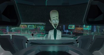 Movie still from “The Addams Family 2” (2021), directed by Greg Tiernan – An animation of a man in a white shirt and a tie; Medium shot, Over the shoulder angle