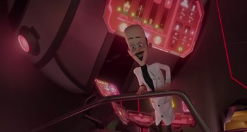 Movie still from “The Addams Family 2” (2021), directed by Greg Tiernan – An animated man standing next to a neon sign; Medium shot, Low angle