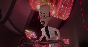 Movie still from “The Addams Family 2” (2021), directed by Greg Tiernan – An animated man in a white shirt and black tie; Medium shot, Low angle