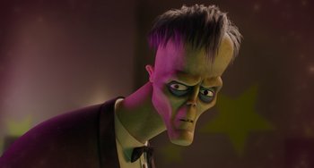 Movie still from “The Addams Family 2” (2021), directed by Greg Tiernan – An animated picture of a man in a suit and tie; Close Up shot, Low angle