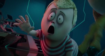 Movie still from “The Addams Family 2” (2021), directed by Greg Tiernan – A cartoon of a boy with a surprised look on his face; Medium shot, High angle