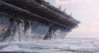 Movie still from “The Avengers” (2012), directed by Joss Whedon – An aircraft carrier in the ocean with waves coming in from it; Extreme Wide shot, Low angle