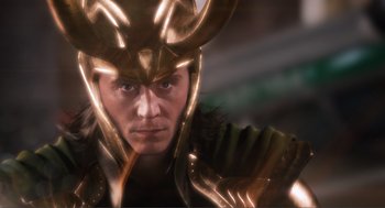 Movie still from “The Avengers” (2012), directed by Joss Whedon – A person wearing a helmet; Close Up shot, Low angle