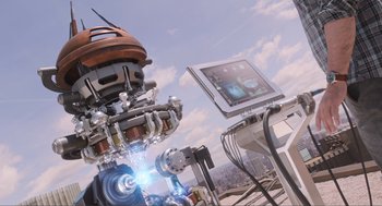 Movie still from “The Avengers” (2012), directed by Joss Whedon – An overhead view of an electronic device on top of a building; Extreme Wide shot, Overhead angle