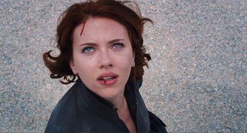 Movie still from “The Avengers” (2012), directed by Joss Whedon – A person with blood on her face; Close Up shot, Low angle