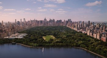 Movie still from “The Avengers” (2012), directed by Joss Whedon – An aerial view of a park and a city skyline; Extreme Wide shot, High angle