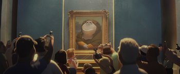 Movie still from “The Bad Guys” (2022), directed by Pierre Perifel – A group of people standing in front of a painting; Medium shot, Over the shoulder angle